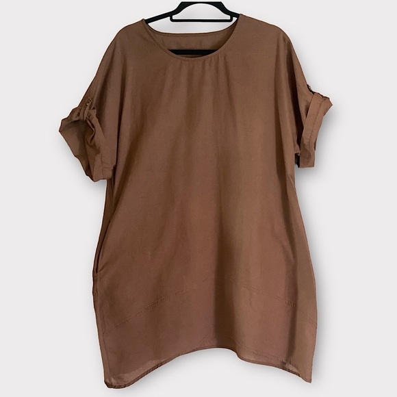 Casual Cotton Flax Loose Fit Dress, Swim Coverup, with Pockets Brown Size Medium - Picture 8 of 11